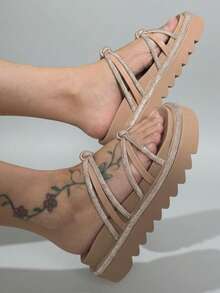 Women's Platform Sandal With Shiny Rhinestones, Comfortable - Beis - Ver 5