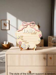 1pc "Hello World" Wooden Sign With Pink Bow, Cloud Shaped Floral Date Time Weight Length Board, Suitable For Room Photography Props - 1PC - View 5
