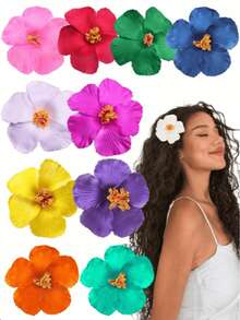 Pinzas para el cabello con flores hawaianas, pinzas para el cabello con flores de hibisco para damas, pinzas para el cabello con flores artificiales, adecuadas para vacaciones, playa, fiesta, conjunto de pinzas para el cabello de estilo bohemio de tela, pinzas para el cabello con flores de unicolor elegantes, accesorios para el cabello con flores de loto - Multicolor - Ver 1