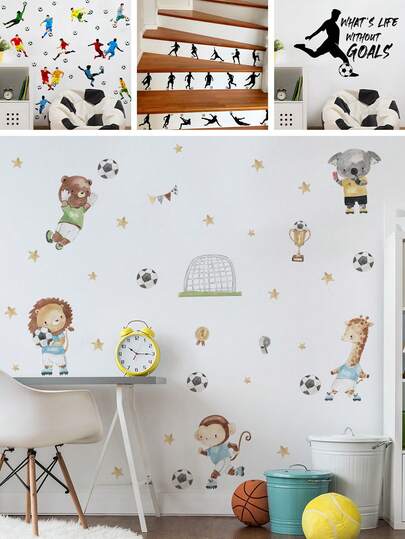 BRUP 1/3sheets/Set Watercolor Animal Soccer Wall Decals - Removable Peel And Stick Kids Room Decor,Suitable For Nursery And Bedrooms, Sports-Themed Wall Art