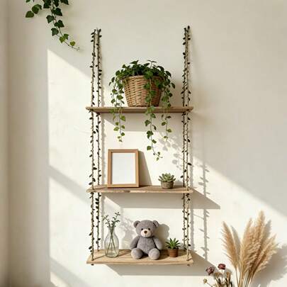Bohemian Style Wall Shelf With 3-Tier Design - Ideal For Displaying Indoor Plants, Books And Home Decor