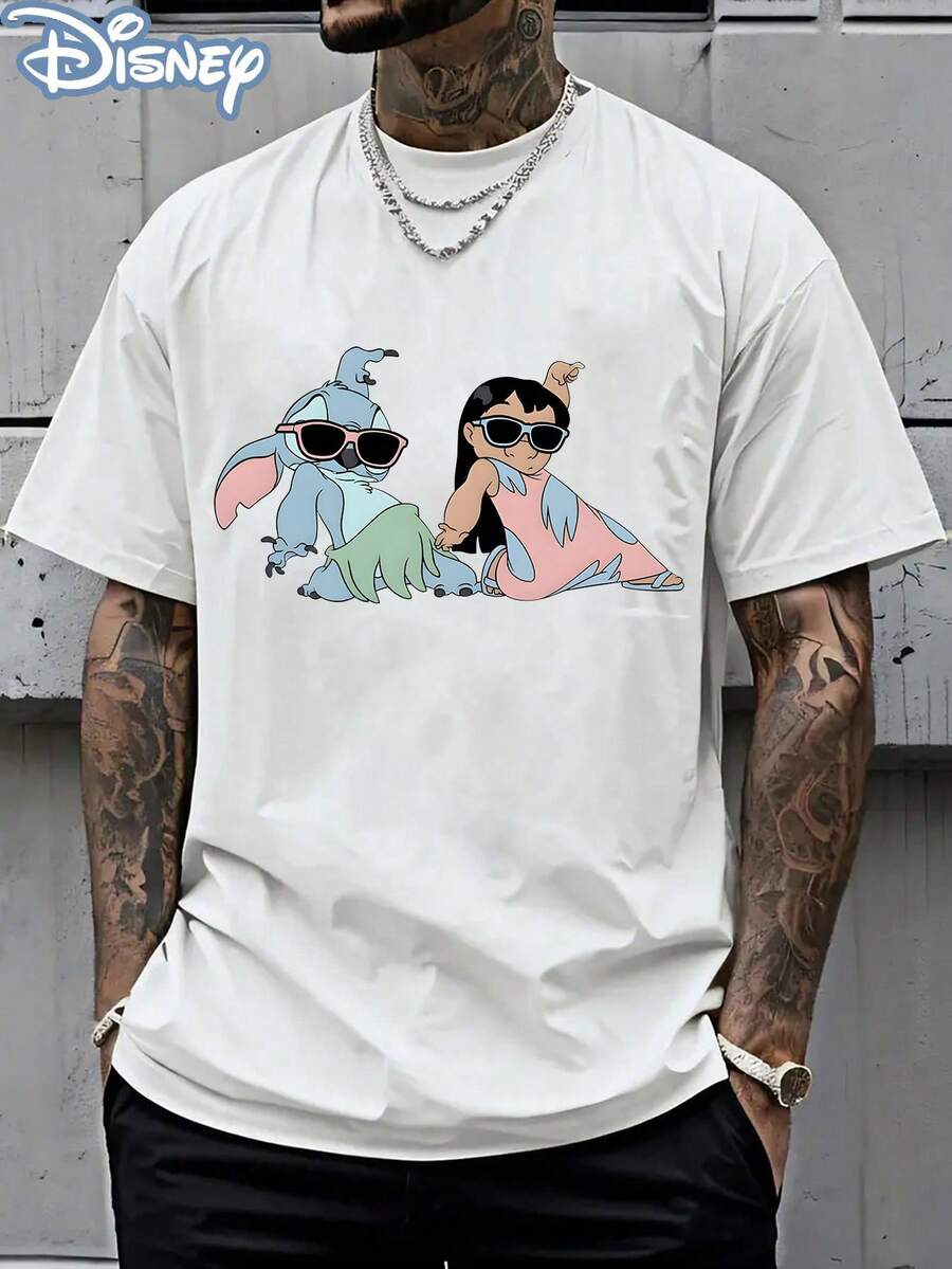 Disney Officially Licensed Graphic T Shirts 100 Percent Cotton Disney Shirt, Lilo & Stitch Sunglasses T-Shirt, Unisex, 220g, Retro Vintage, Crew Neck, Comfortable Top - 白色 - 查看 1