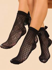 2 Pairs Bow Lace Ankle Socks, Women Thin Lace Short Socks - Black - View 1