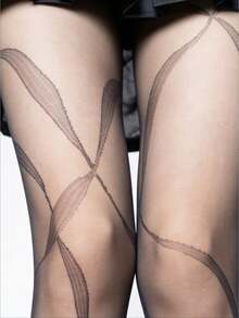 1双女士提花丝袜，黑色缎带印花薄丝袜，纯白色防勾丝薄丝袜，哥特朋克亚文化丝袜 - 彩色 - 查看 10