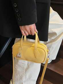 女士时尚别致金属扣设计单肩包，简约百搭都市通勤风格，配有可调节肩带 - 黃色 - 查看 8