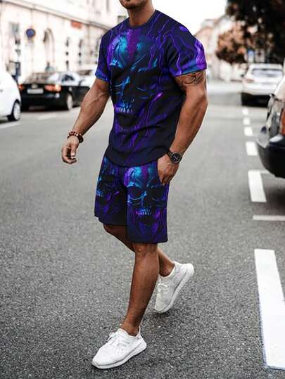 男士3D印花透气户外休闲运动T恤短裤套装，夏季款