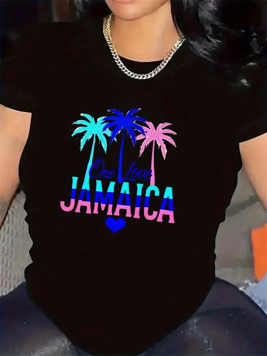 Camiseta de mujer con estampado tropical de palmeras - Ligera con la inscripción "One Love Jamaica" - Atuendo para fiesta de playa del Caribe - Top casual de uso diario - Camiseta de playa no transparente - Ropa de verano - Vestido de vacaciones con estampado brillante - Estilo de moda - Negro - Ver 1