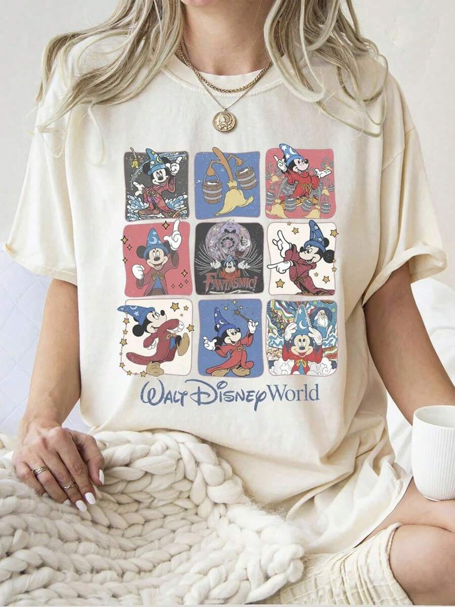 Including Disney Fashion Prints, Summer T-Shirts, Disney World Patchwork Prints, Suitable For Daily Wear, Easy To Wear In Summer, Micro-Elastic, Soft Round Neck Casual Daily Tops, Including Disney Fashion Prints, Round Neck Summer Sweatshirts, For Both Men And Women, Holiday Gifts. - 白色 - 查看 1