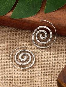 1 par de pendientes elegantes de mujer con flor y degradado de color, color plateado, con diseño circular hueco y espiral de gran tamaño, estilo único y popular - Plateado - Ver 5