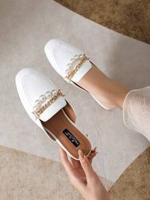 Mengshangli Zuecos con perlas de estilo preppy a cuadros, aptos para la oficina, vacaciones y fiestas en primavera y verano - Blanco - Ver 3