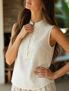 Women's Casual Shirt, Elegant Vacation Style Sleeveless Mandarin Collar Shirt, Single-Breasted Pullover, Loose Summer Commute Casual Artistic Vacation Style Top, Slimming Concealing Flesh Daily Elegant Versatile Breathable Summer Wear - Off White - View 5
