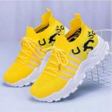 Fashion Leopard Print Lace-Up Trainers. Lightweight Mesh, Cushioned Sole And Flexible Design, Comfy For Gym, Walking And Everyday Casual Wear. - Yellow - View 2