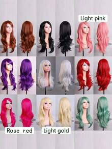 1顶长波浪刘海假发，长波浪卷发刘海假发，动漫角色扮演假发，公主假发，长波浪角色扮演合成纤维假发，耐热合成纤维假发，适合动漫、万圣节派对、音乐节等场合，尺寸可调节，完美贴合，假发配件 - 彩色 - 查看 4