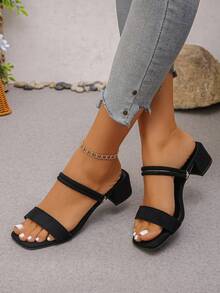 2026夏季新款方头粗跟凉鞋，系带通勤高跟鞋，软底女鞋 - 黑色 - 查看 3