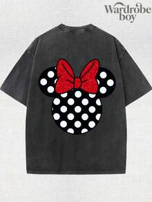 Disney Printed Wash Water T-Shirt,Disney Retro Polka Dot Minnie  Pattern Print T-Shirt,Unisex,High-Quality Pure Cotton T-Shirt,Suitable For All Seasons, Comfortable And Breathable| Exquisite Design | The Best Choice For Giving Gifts - 黑色 - 查看 2