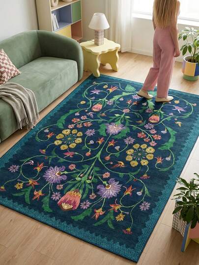 1 pieza Alfombra con estampado floral y de plantas tropicales en estilo bohemio, alfombra de área grande de felpa sintética suave, adecuada para baño, cocina, entrada, pasillo, mesita de noche, sala de estar, dormitorio, alfombra lavable a máquina, decoración del hogar