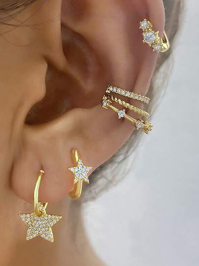 New Design 18K Gold Plated Star Hoop Earrings Set For Women Cubic Zirconia Multi-Storey Ear Clip Ear Stud Cartilage Piercing Jewelry