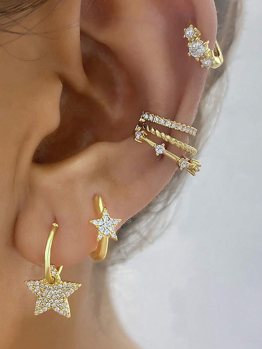 New Design 18K Gold Plated Star Hoop Earrings Set For Women Cubic Zirconia Multi-Storey Ear Clip Ear Stud Cartilage Piercing Jewelry - 4pcs for One Ear - View 1