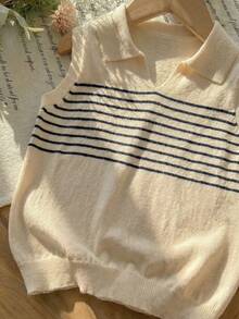 女童条纹领无袖针织套头衫，休闲校园风，适合春、夏、初秋穿着 - 杏色 - 查看 9