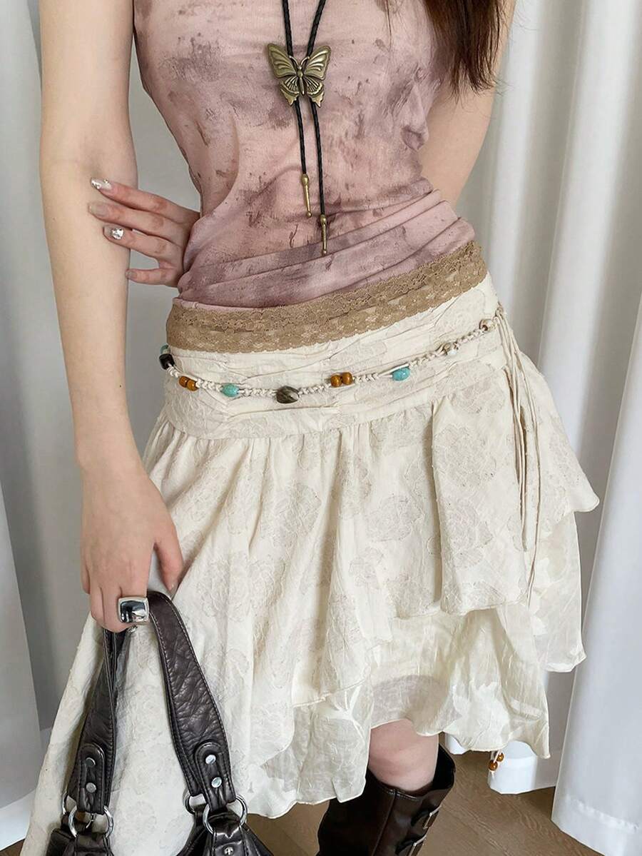 1pc Beige Polyester Bohemian Turquoise & Wooden Bead Waist Rope For Women - Beige - View 1