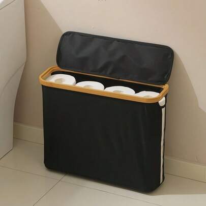 1 pièce Boîte de rangement pliable pour papier toilette, boîte à mouchoirs, porte-essuie-tout, accessoire de salle de bain, panier à linge, en tissu Oxford 600D avec cadre en bambou et 4 tiges de support, base antidérapante, convient pour la maison, la chambre, la salle de bain, le papier toilette, le papier rouleau, le rangement de jouets, Halloween, Noël, décoration d'automne pour la salle de bain