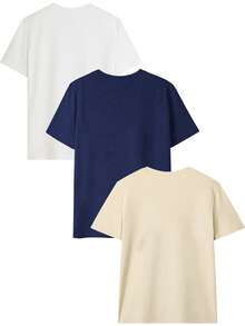 Set de 3 camisetas de manga corta con cuello redondo, estampado de flores, estrellas de mar y conchas, de estilo casual y veraniego, versátiles y adecuadas para usar en la playa o de vacaciones - Azul marino, blanco y albaricoque - Ver 5