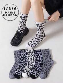 1/3/6 Pairs Spring/Summer Random Leopard Print Breathable Socks, Suitable For Campus, University, School Party, Casual Daily Wear, Soft & Comfortable Mid-Calf Socks For Men & Women - Multicolor - View 1