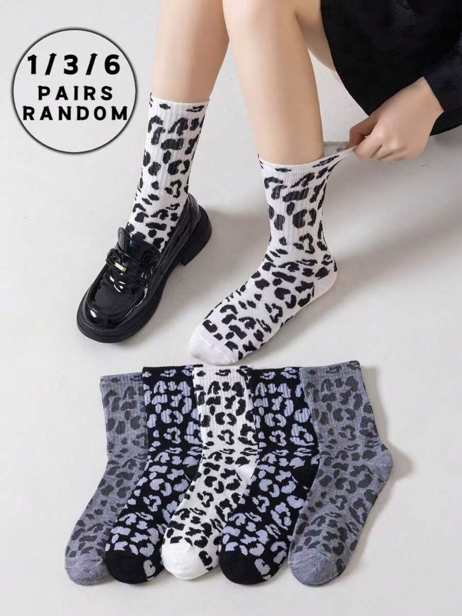 1/3/6 Pairs Spring/Summer Random Leopard Print Breathable Socks, Suitable For Campus, University, School Party, Casual Daily Wear, Soft & Comfortable Mid-Calf Socks For Men & Women - Multicolor - View 1