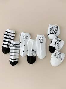 4/8 Pairs Unisex Black & White Cat Cartoon Striped & Polka Dot Breathable Moisture-Wicking Cute Funny Ankle Socks, Suitable For Daily Wear - Black and White - View 6