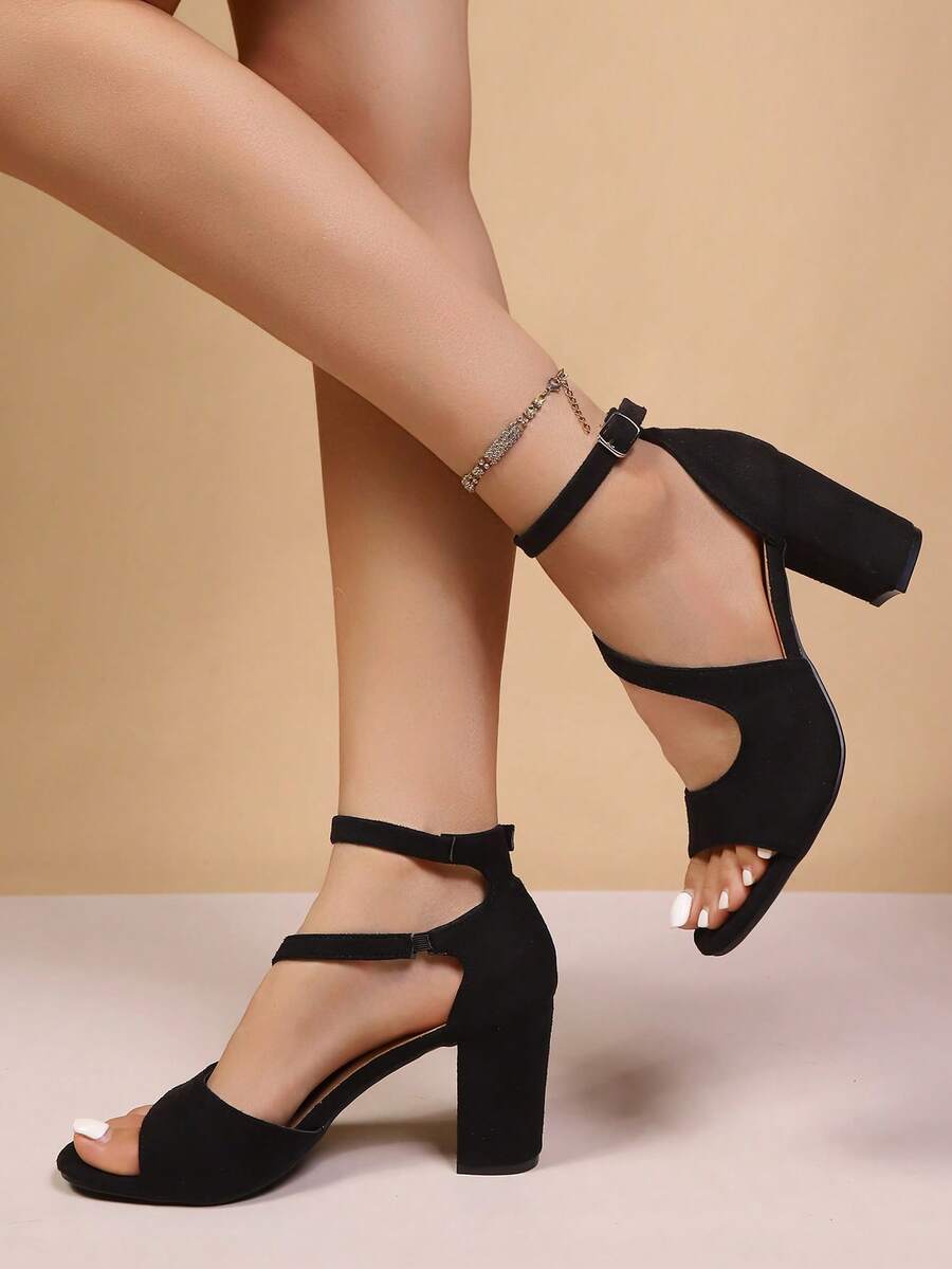 2026夏季新款女士黑色绒面革后跟高跟凉鞋，8厘米粗跟踝带露趾鞋 - 黑色 - 查看 1