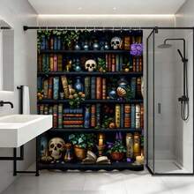 神秘魔法书架骷髅头浴帘，防水防霉涤纶材质，适用于浴室装饰，暗黑哥特风浴室配件，带挂钩，加厚隐私帘，适用于淋浴房和浴缸，易于安装、清洁、快干，浴室隔断帘，适用于家庭、酒店、公寓、水疗中心，时尚女巫图案浴帘，不褪色防水浴室帘，必备淋浴配件 - 黑色 - 查看 3