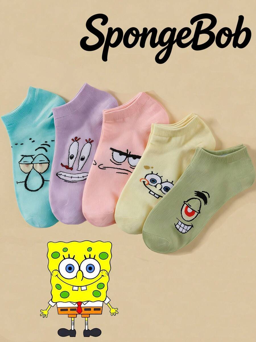 SpongeBob SquarePants 5 Pairs Of Cute Low Vamp Cartoon, Breathable And Versatile For Spring And Summer, Student Sports, Invisible Boat Socks - Multicolor - View 1
