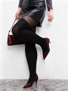 1件装女士连裤袜，黑色拼接长筒袜，性感休闲女士紧身裤 - 黑色 - 查看 3