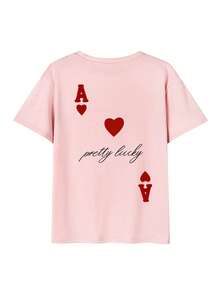 T-shirt mode pour femmes, imprimé mignon de lettre porte-bonheur & cœur de poker, tissu doux, coupe ample et décontractée, top esthétique à col rond et manches courtes rose d'été - Rose bonbon - Voir 2