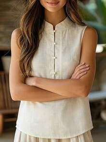 Women's Casual Shirt, Elegant Vacation Style Sleeveless Mandarin Collar Shirt, Single-Breasted Pullover, Loose Summer Commute Casual Artistic Vacation Style Top, Slimming Concealing Flesh Daily Elegant Versatile Breathable Summer Wear - Off White - View 6
