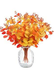 3/6片人造桉树叶，人造桉树枝，橙色秋叶枝，适合家居插花和节日装饰 - 彩色 - 查看 1