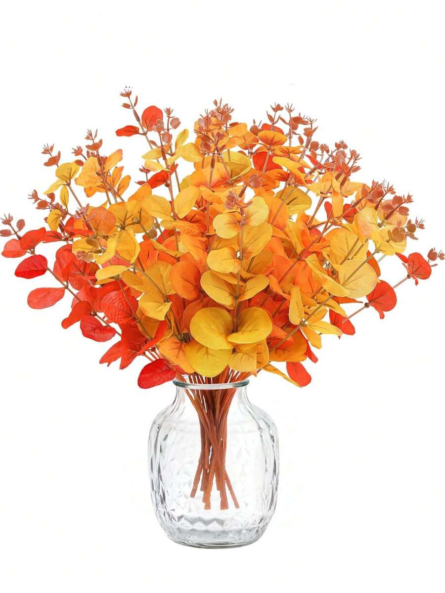 3/6片人造桉树叶，人造桉树枝，橙色秋叶枝，适合家居插花和节日装饰 - 彩色 - 查看 1