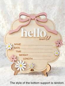 1pc "Hello World" Wooden Sign With Pink Bow, Cloud Shaped Floral Date Time Weight Length Board, Suitable For Room Photography Props - 1PC - View 1