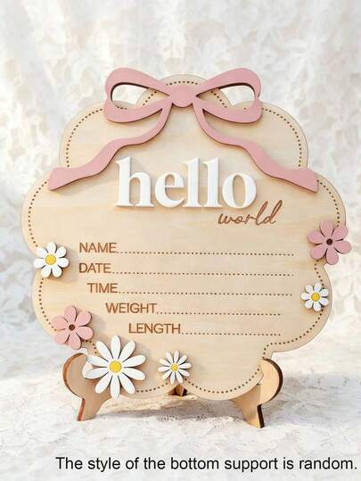 1pc "Hello World" Wooden Sign With Pink Bow, Cloud Shaped Floral Date Time Weight Length Board, Suitable For Baby Room Photography Props