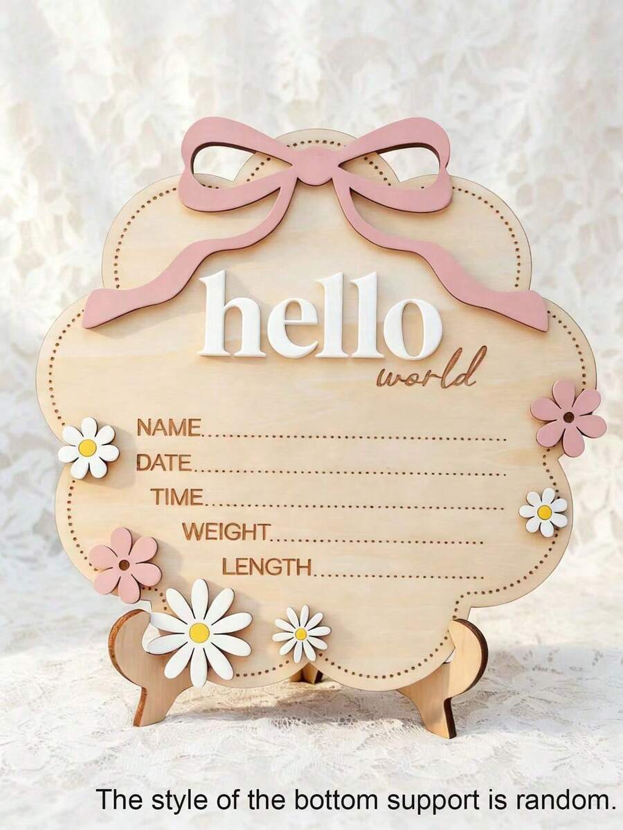 1pc "Hello World" Wooden Sign With Pink Bow, Cloud Shaped Floral Date Time Weight Length Board, Suitable For Room Photography Props - 1PC - View 1