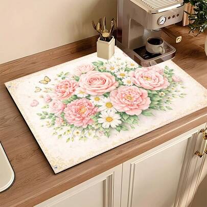 母亲节主题康乃馨印花吸水沥水垫，厨房装饰咖啡机垫，手工咖啡壶沥水垫，厨房地垫，餐桌垫，厨房台面沥水垫，早餐垫，耐热防滑沥水垫，硅藻土沥水垫，遮盖污渍，超强吸水厨房垫，易清洁碗碟架垫，适用于厨房、餐桌、咖啡店、酒吧、节日、派对、家居装饰、节日礼物