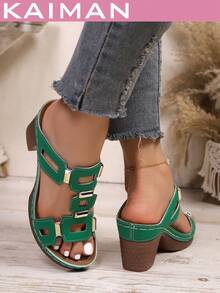 1 Pair Women's Fashionable Retro High Heel Sandals, Geometric Pattern Bohemian Vintage Unique PU Leather Rivet Decor High Heel Sandals, Suitable For Wedding, Party, Vacation, Summer And Other Occasions - Green - View 5