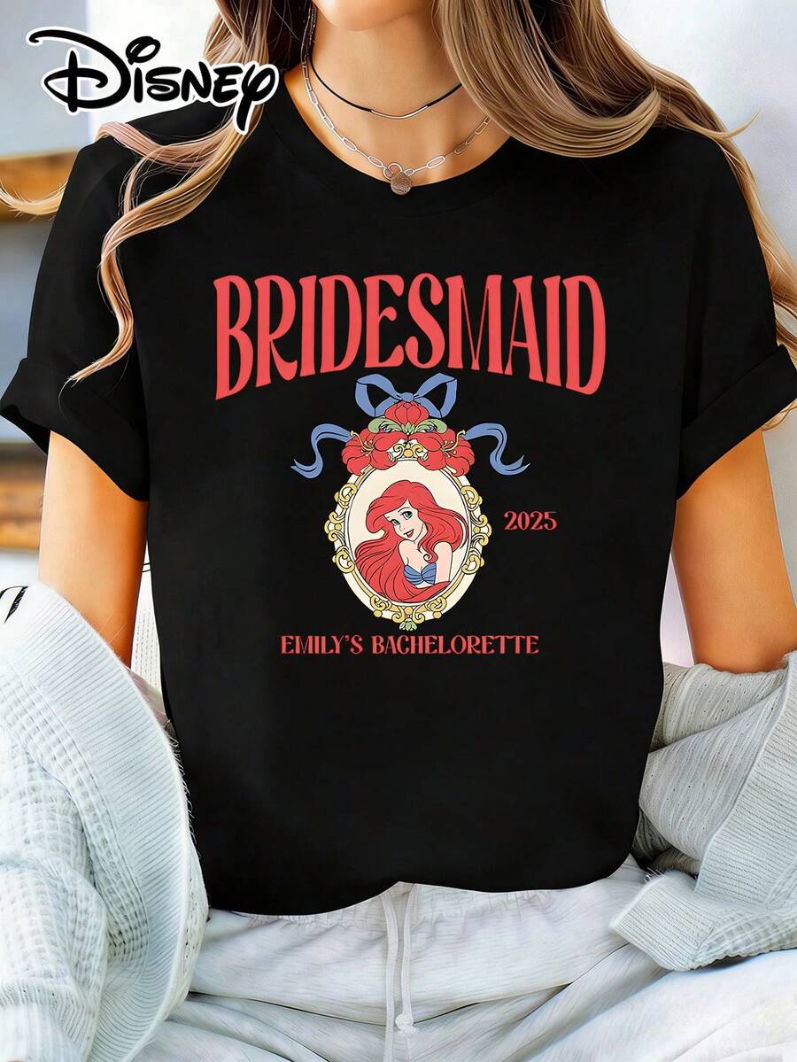 Disney Women's Ariel Bridesmaid Cotton Casual Short Sleeve Round Neck T-Shirt Regular Length - Black - View 1