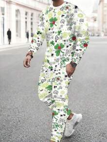 Set di pantaloni e maniche lunghe da uomo con stampa 3D a quadrifoglio verde per la festa del cappello | Colori vivaci, design senza collisione, senza selezione specifica del corpo, collo rotondo, vestibilità regular, adatto per la stagione primavera/autunno, ideale per il pendolarismo. - Colori misti - Visualizzare 3