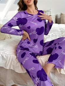 Ensemble de pyjama et de vêtements d'intérieur avec manches longues et pantalon long pour femmes, spécialement conçu pour la Saint-Valentin, avec des imprimés de cœurs et de slogans, convenant à l'automne et à l'hiver, tissu confortable et coupe ample pour une soirée cocooning, décoré d'un beau motif, pantalon long avec taille élastique. - Couleurs mélangées - Voir 6