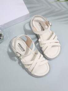 Girls' White Roman Sandals, Criss-Cross Strap Glitter Trim Princess Shoes - White - View 4