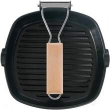 Juego de sartenes cuadradas antiadherentes para parrilla con mango de madera, sartén plegable y portátil para filetes, sartén apilable acanalada para asar filetes, tocino y carnes, sartén universal para barbacoa de interior compatible con estufas de gas, inducción y eléctricas. - Ver 10