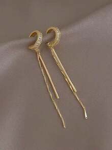 1 Pair Tassel Long C-Shaped Earrings For Women, Micro-Inlaid Zirconia, Fashionable Unique Minimalist Clip-On Earrings Without Piercing - Yellow Gold - View 3