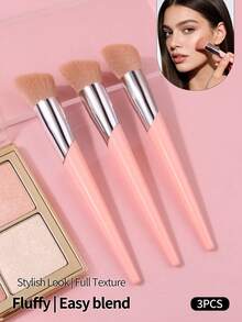 3pcs Makeup Brush Set, Includes Foundation, Contour, Highlighter Brushes - Soft And Skin-Friendly Cosmetic Tools, Portable Travel Makeup Kit - Pink - View 3