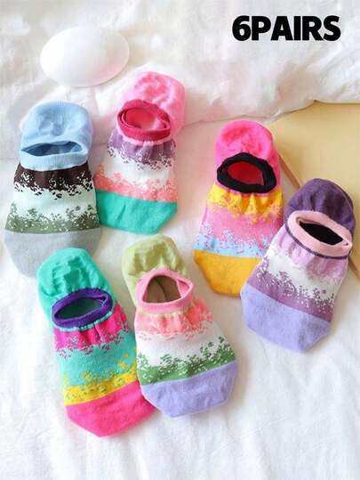 6 Pairs Women's Spring/Summer Dopamine Candy Color Breathable Versatile Thin Tie-Dye Fashion Invisible Boat Socks